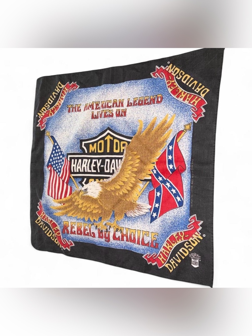 Vintage Harley-Davidson Black Bandana with Gold Eagle and Red & Blue Flags